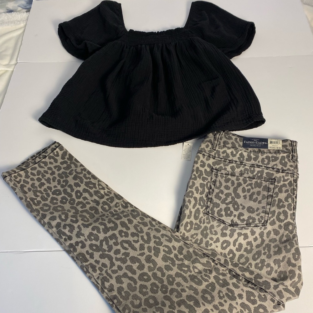 Joy spun black peasant sz M top. Faded glory NWT jeans grey animal print grey .